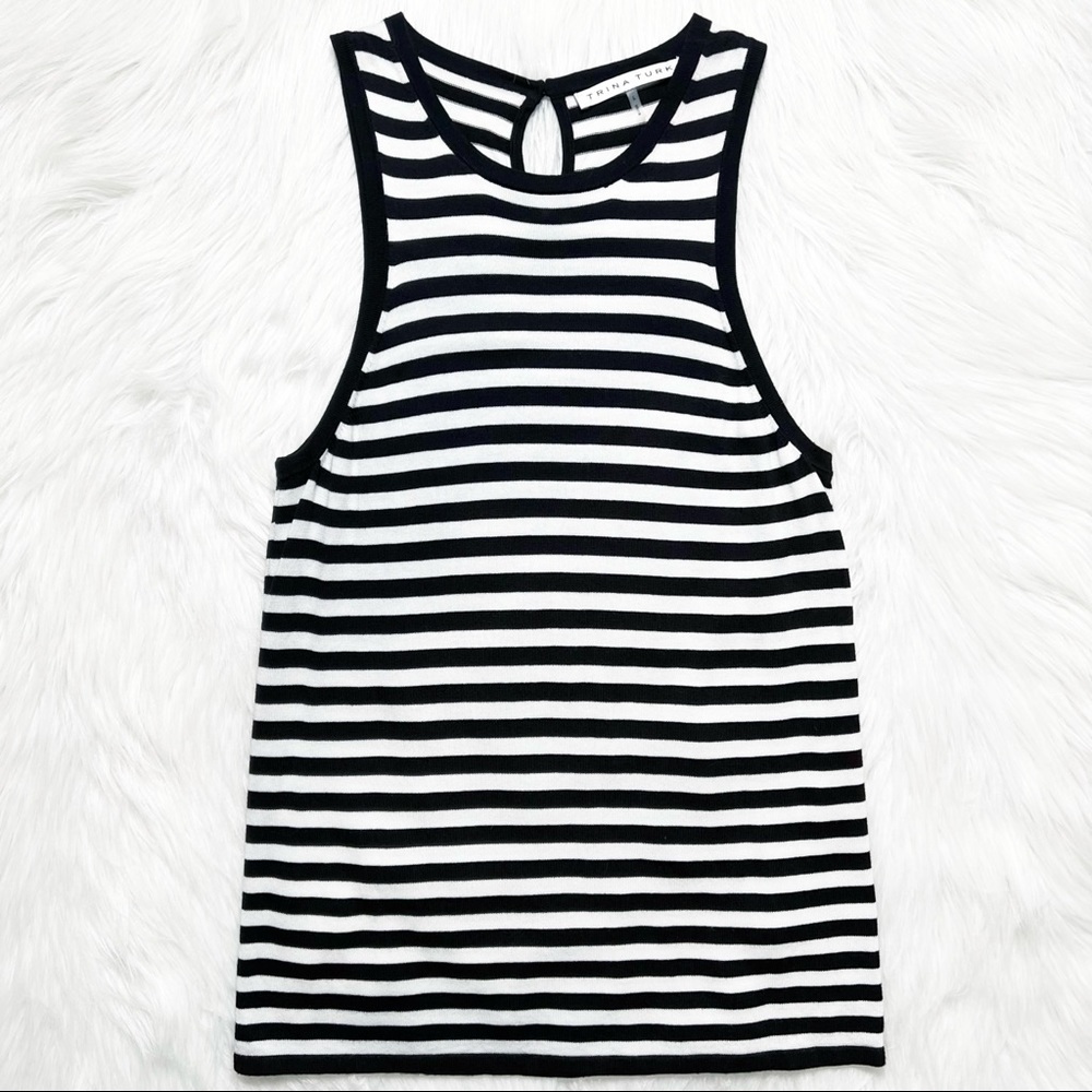 SOLD-Trina Turk Black & White Striped Sleeveless Knit Tank Top - Picture 6 of 8